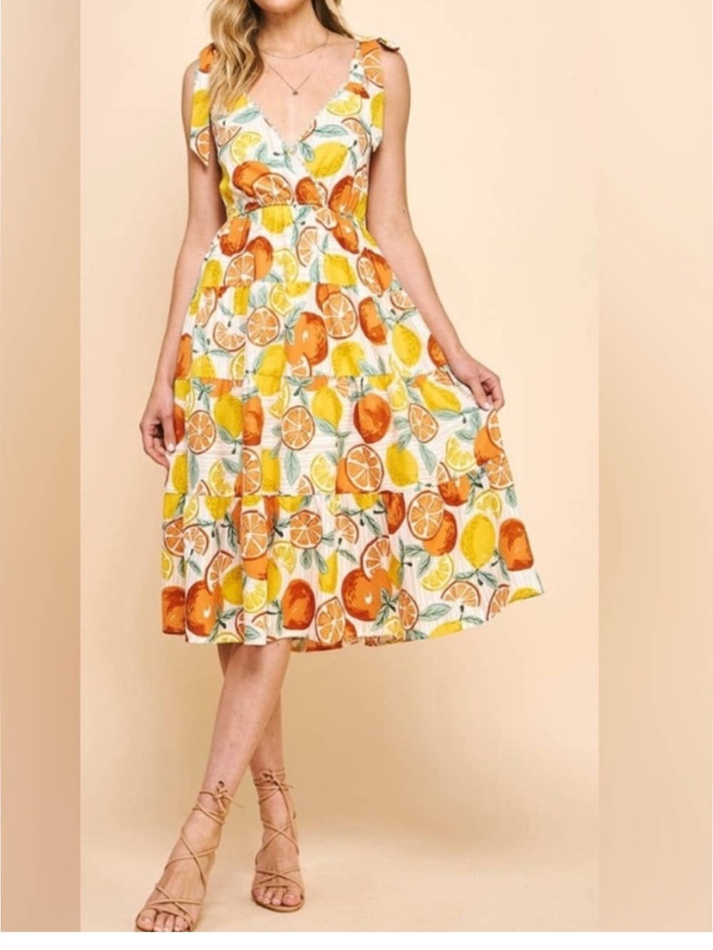 Pinch Citrus Print Midi Dress w/Tie Details Size S